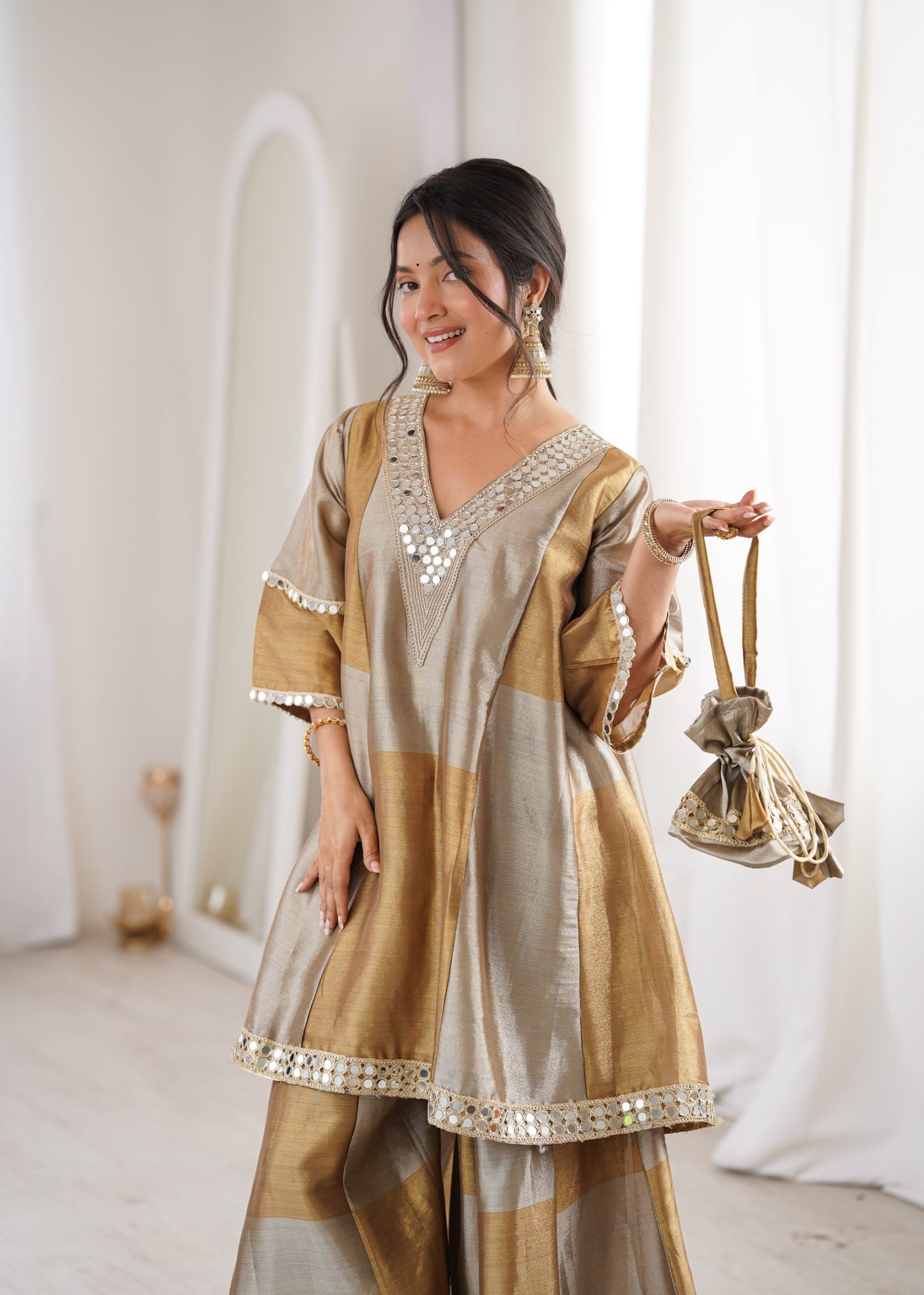 Antique Gold & Ivory Mirror-Work Suit with Batwa