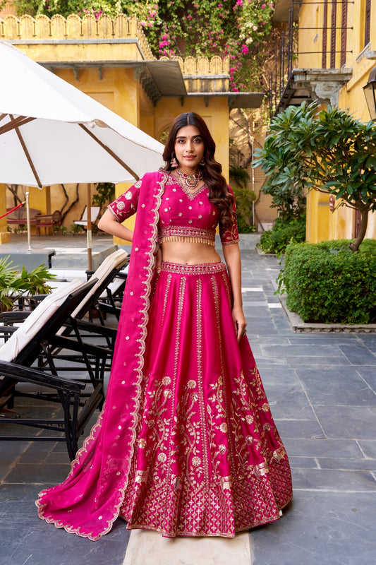 Natural Silk Lehenga Choli with Golden Sequin & Thread Embroidery