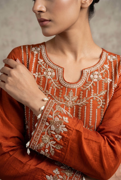 Rust Orange Silver-Thread Embroidered Short Kurti Suit Set