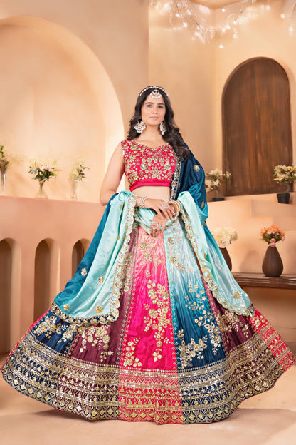 Vibrant multi colored lehenga with intricate silver embroidery