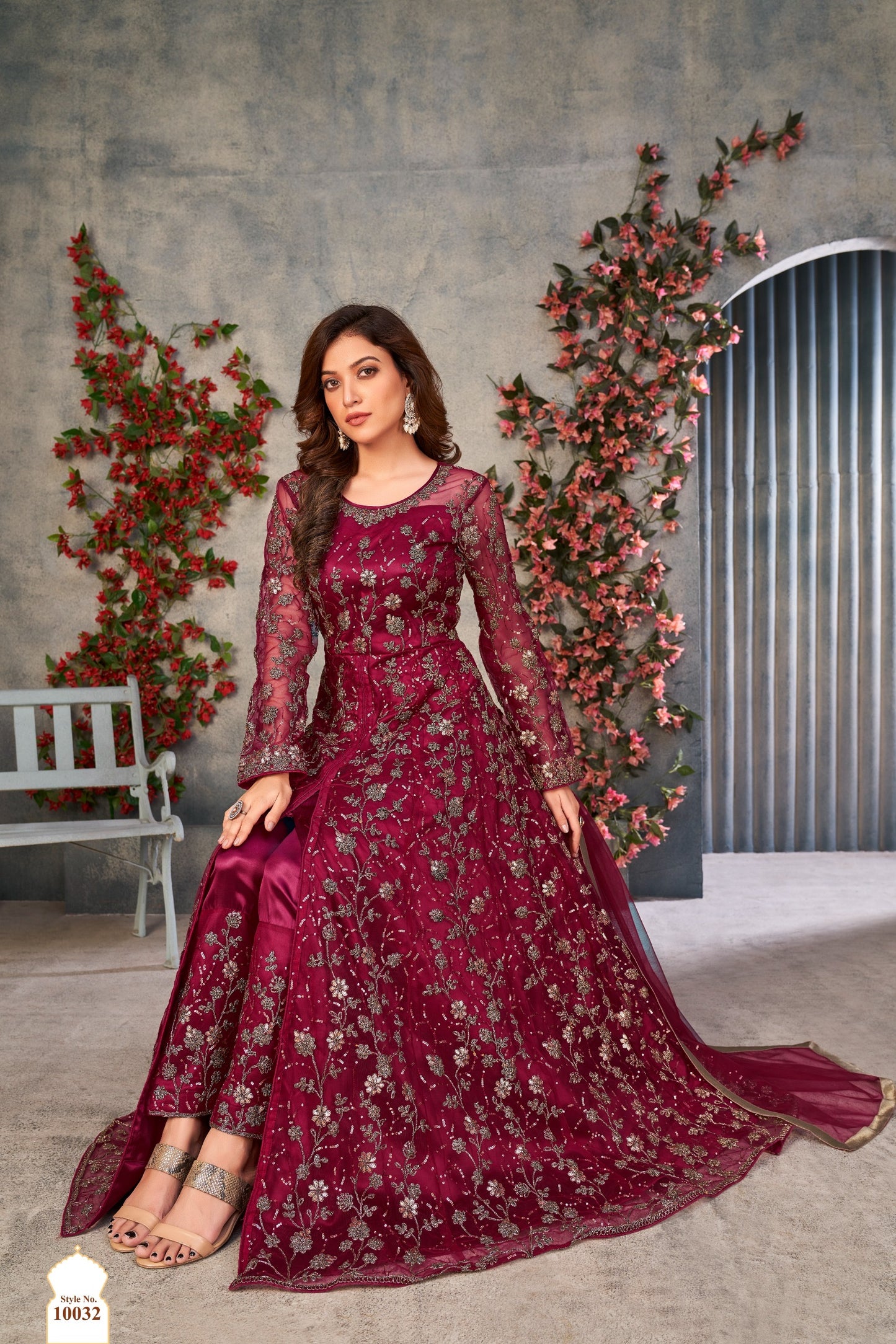 Floral Embroidered Net Front-Open Suit with Satin Pants & Dupatta