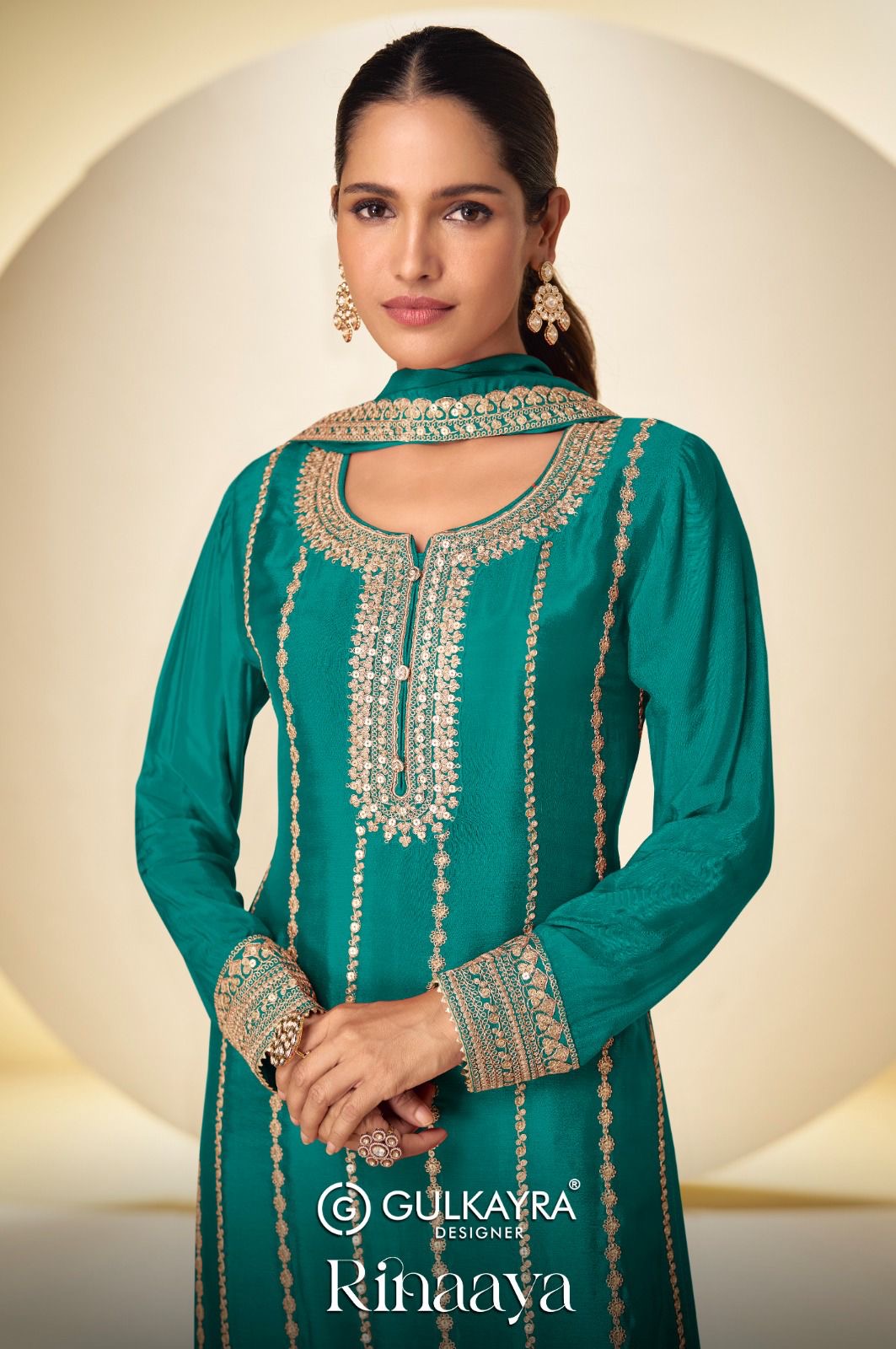 Embroidered Real Chinon Plazo Kurta Set with Dupatta