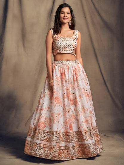 White & Peach Floral Printed Designer Lehenga Choli