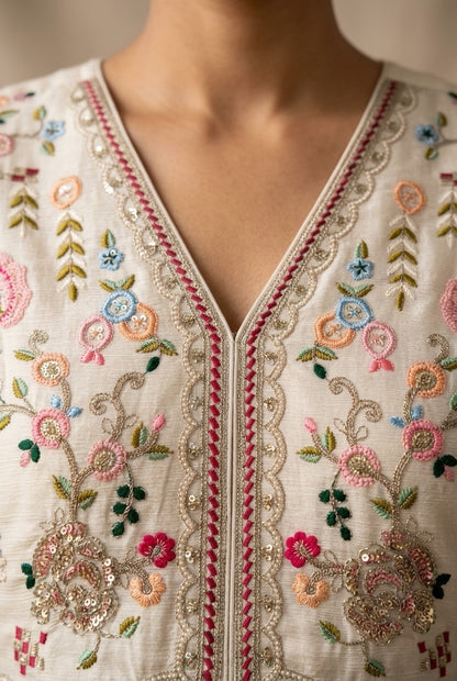 Floral Embroidered Frock-Style Chinon Sharara Set with Dupatta