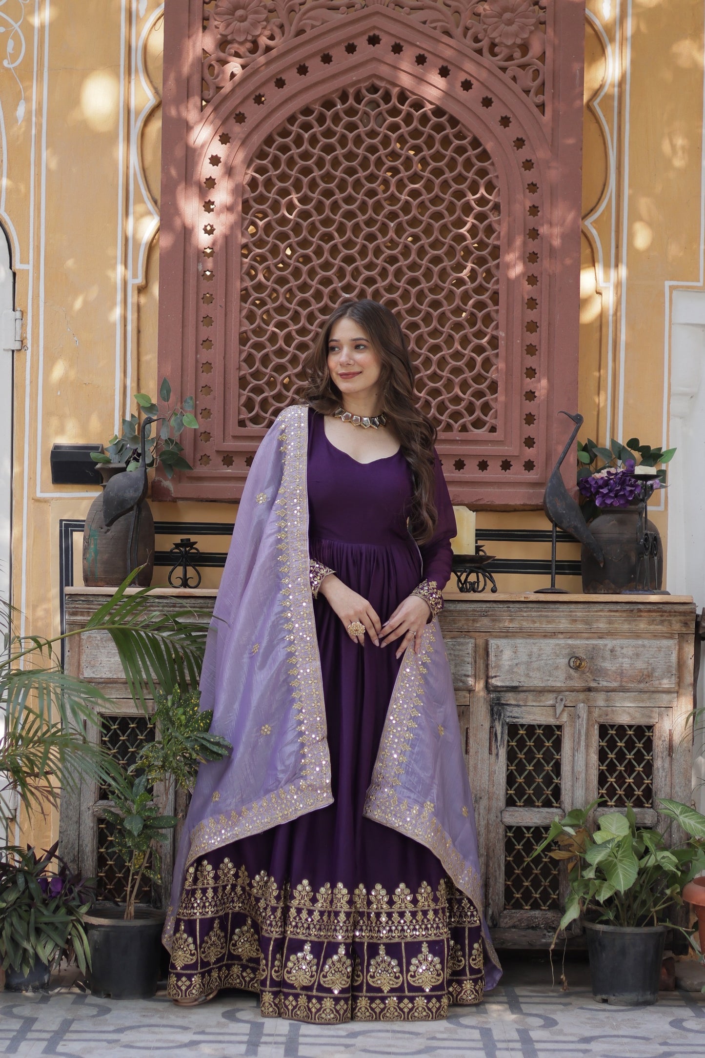 Designer Readymade Gown - Star Georgette Embroidered with Zari Sequins & Dupatta