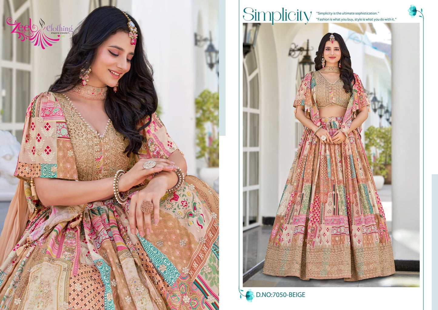 Voluminous printed lehenga paired with matching patterned cape-style dupatta