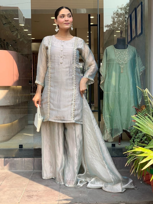 limited exclusive collection glass tissue silk kurta with zardosi work