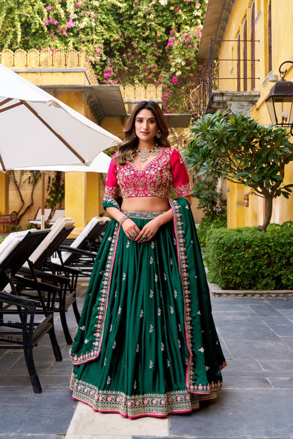 Festive Emerald Green Silk Satin Lehenga Choli with Sequin Embroidery & Dupatta