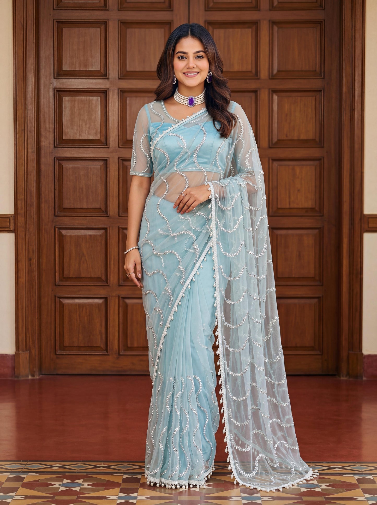 Designer handwork net saree with pearl tassles