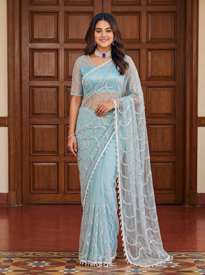 Designer handwork net saree with pearl tassles