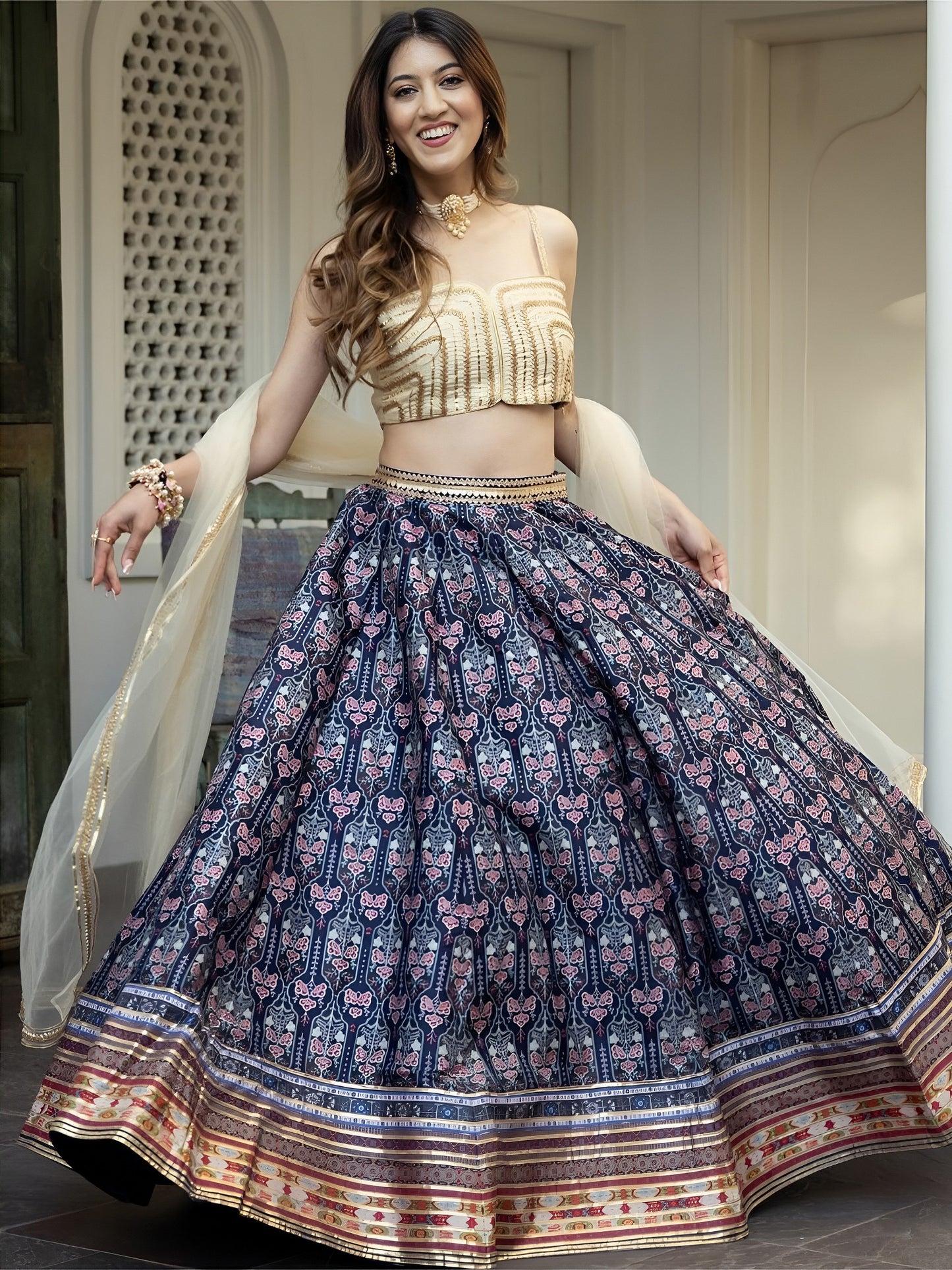 Navy Blue Printed Lehenga Choli with Cream Dupatta