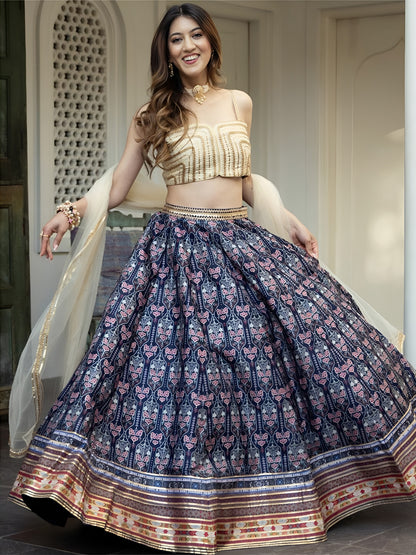 Navy Blue Printed Lehenga Choli with Cream Dupatta