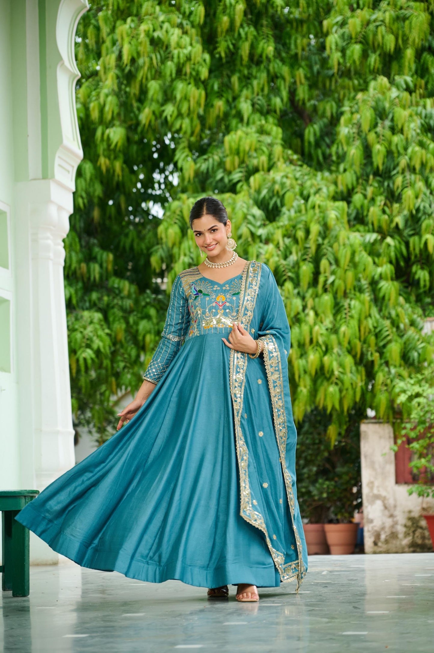 Vichitra Silk Anarkali Gown with Zari Sequin & Multi-Thread Embroidery