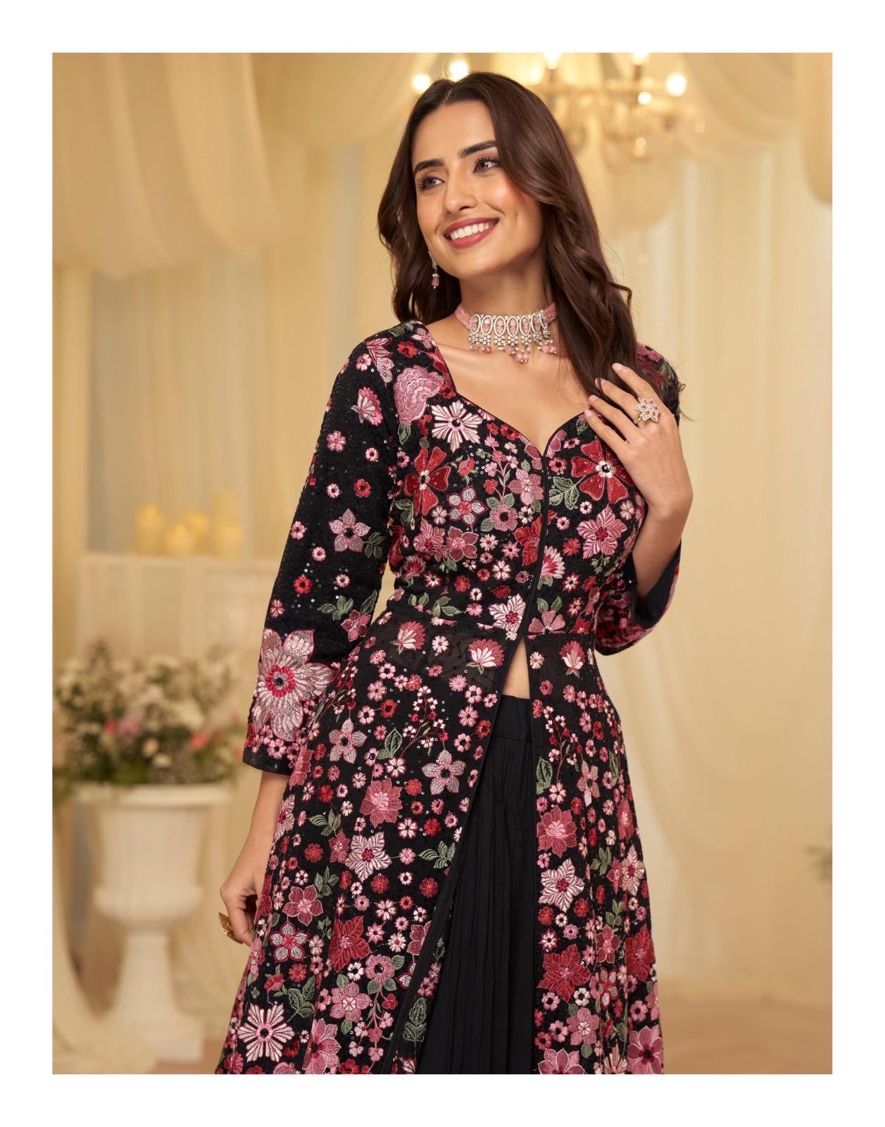 Floor-length, front-jacket floral embroidered lehenga