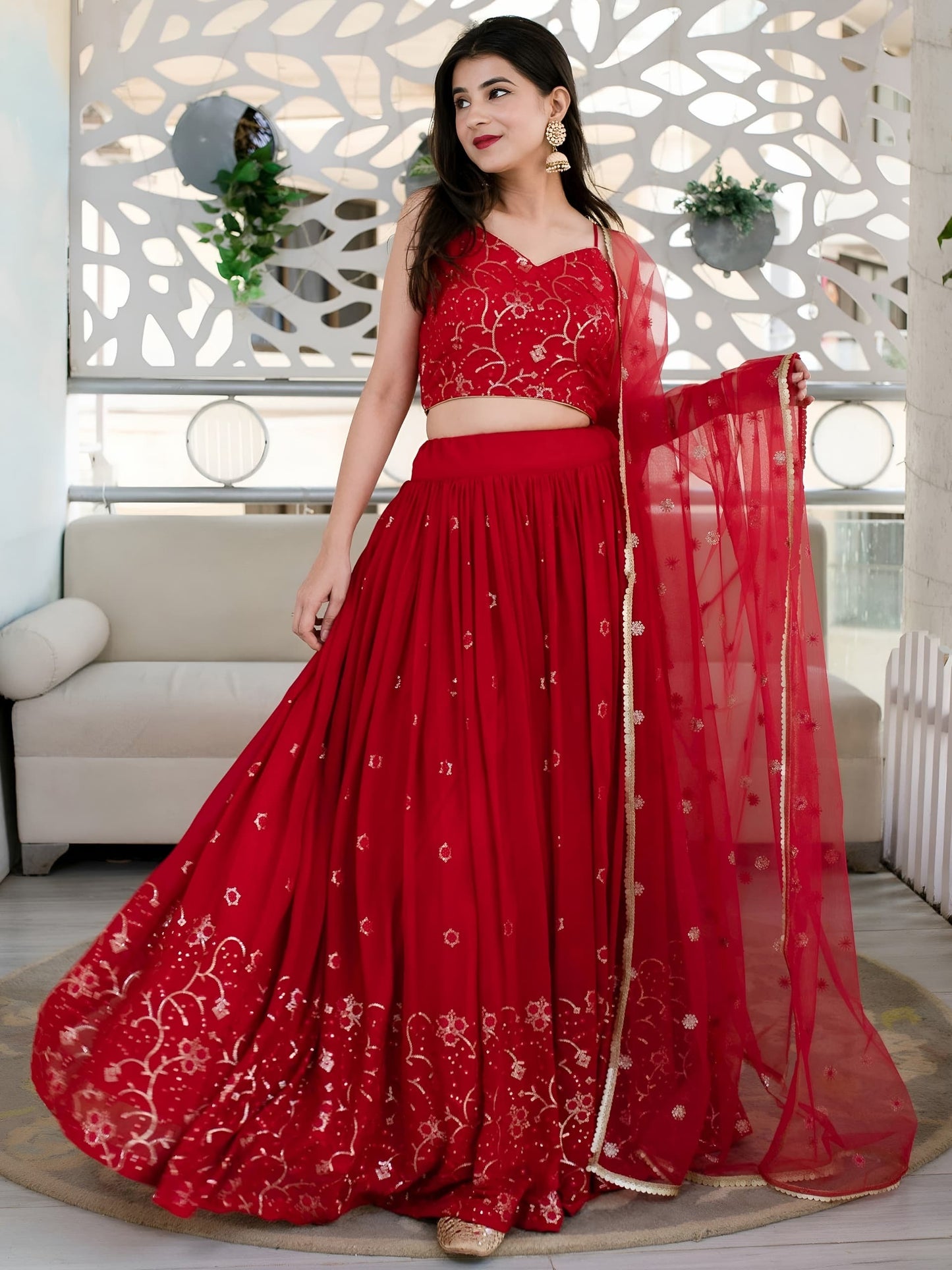 Red Embroidered Festive Lehenga Choli Set