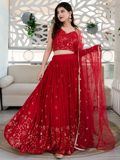 Red Embroidered Festive Lehenga Choli Set