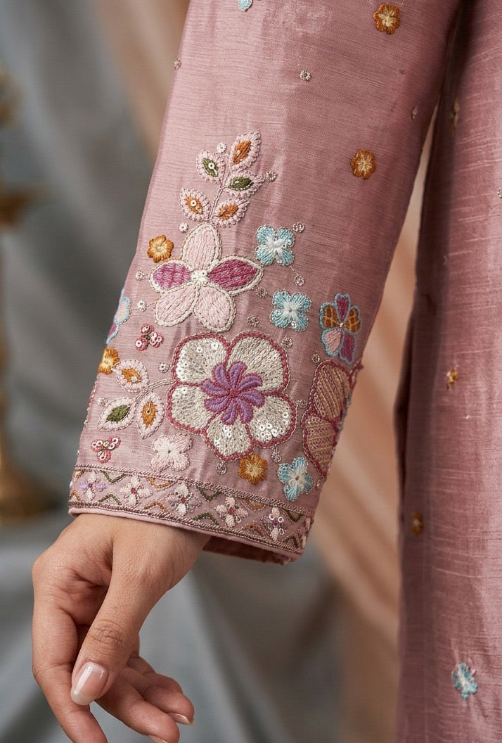 Floral Embroidered Frock-Style Chinon Sharara Set with Dupatta