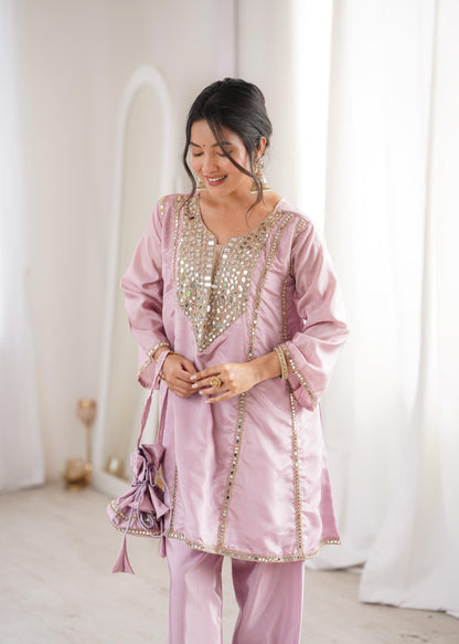 Premium Mirror Work Kurti Pant Set with Bell Sleeves & Batwa