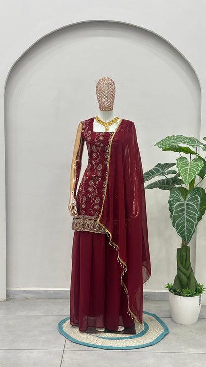 Exquisite Georgette Sharara Suit with Elegant Gold Floral Embroidery