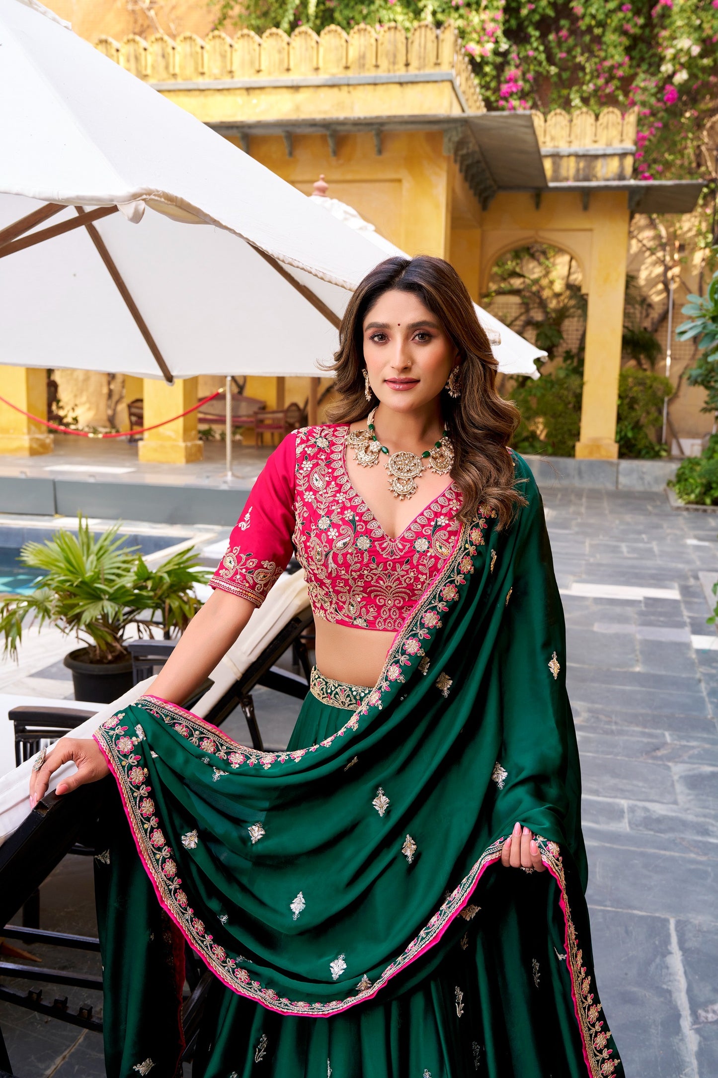 Festive Emerald Green Silk Satin Lehenga Choli with Sequin Embroidery & Dupatta