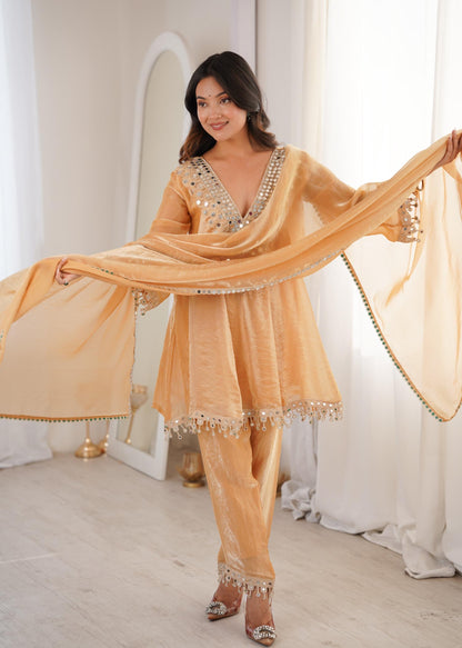 Fendy Fabric Kurti with Real Mirror Embroidered Work Bottom and Dupatta