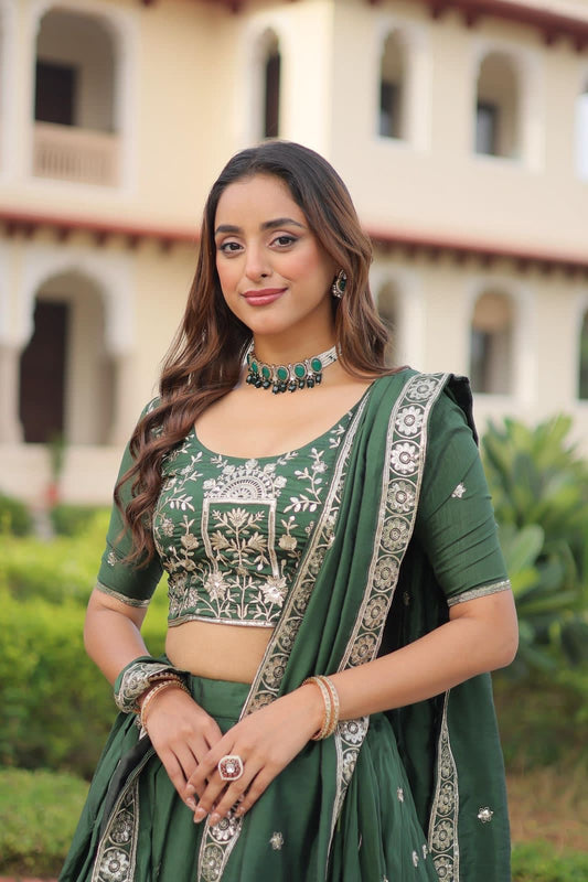 Forest Green Floral & Peacock Embroidery Lehenga Choli