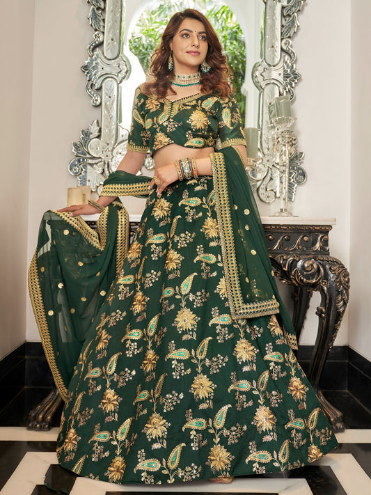 Bottle Green Designer Lehenga Choli with rich golden embroidery
