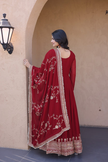 Deep Maroon Georgette Embroidered Festive Anarkali Gown