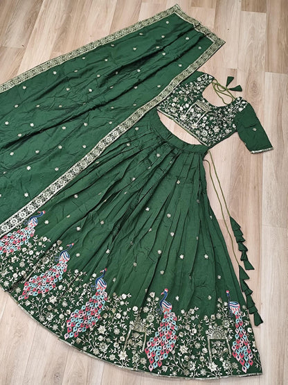 Forest Green Floral & Peacock Embroidery Lehenga Choli