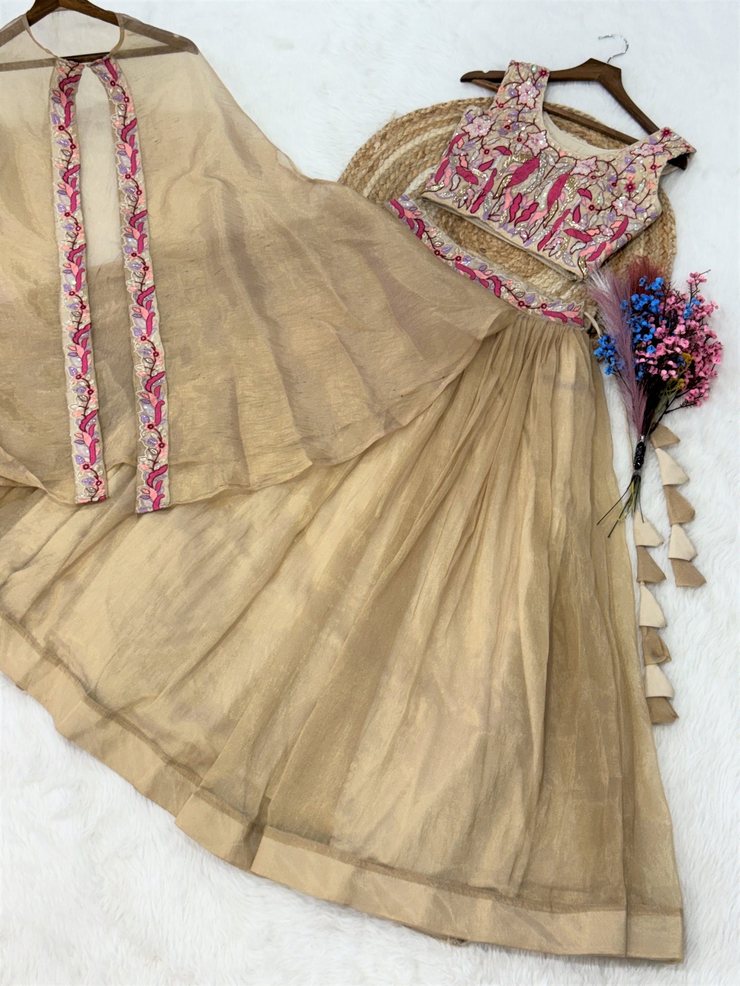 Champagne Gold Sindur Silk Lehenga Choli with Shrug