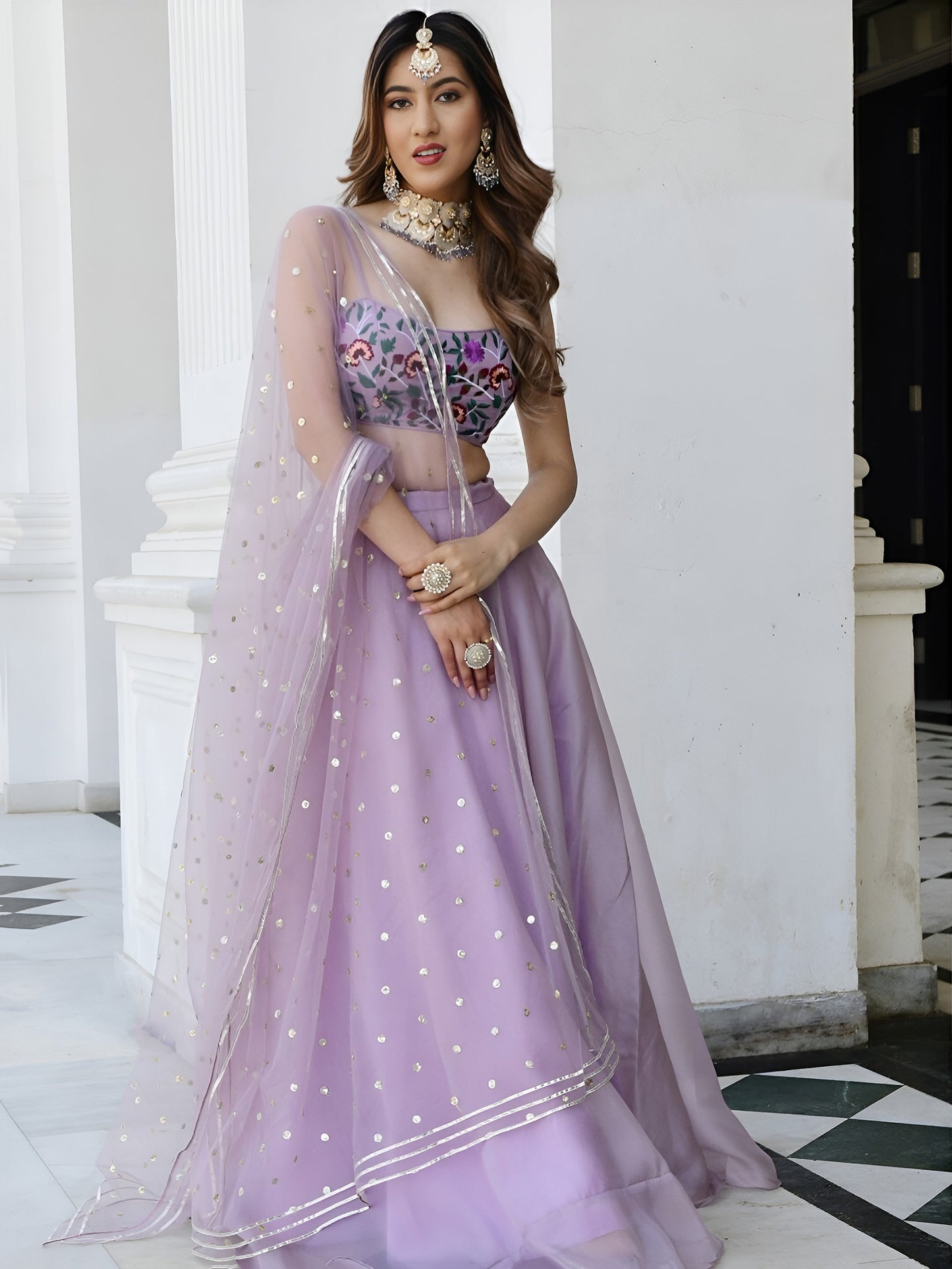 Lavender Organza Lehenga Choli with Floral Blouse