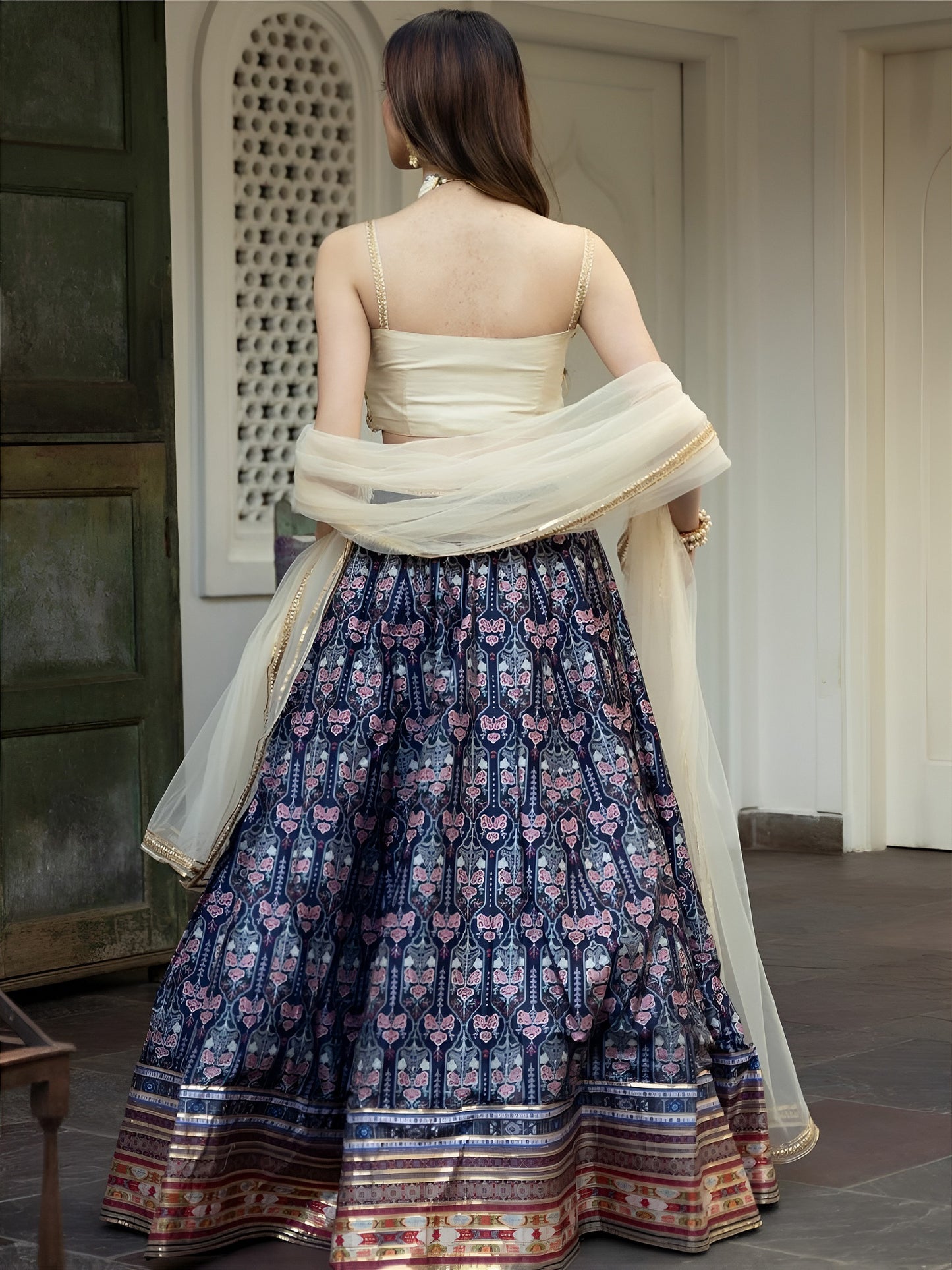 Navy Blue Printed Lehenga Choli with Cream Dupatta
