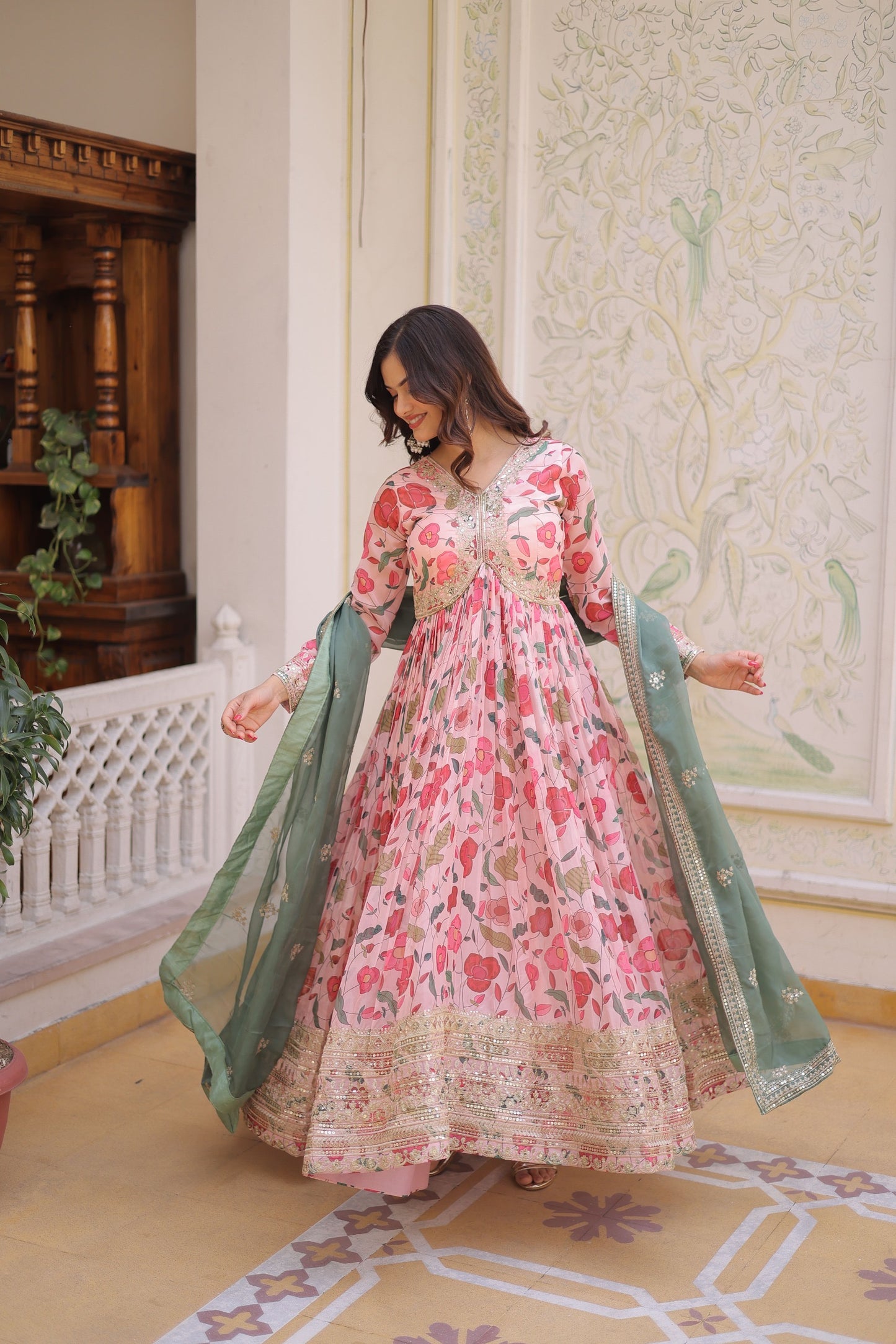 Floral digital printed gown with dupatta