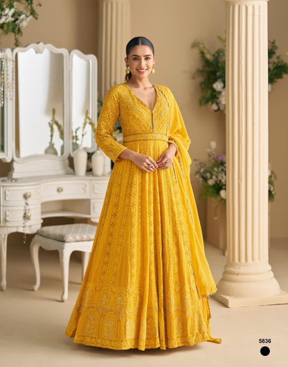 Mustard Yellow Embroidered Georgette Anarkali Gown with Chikankari Work