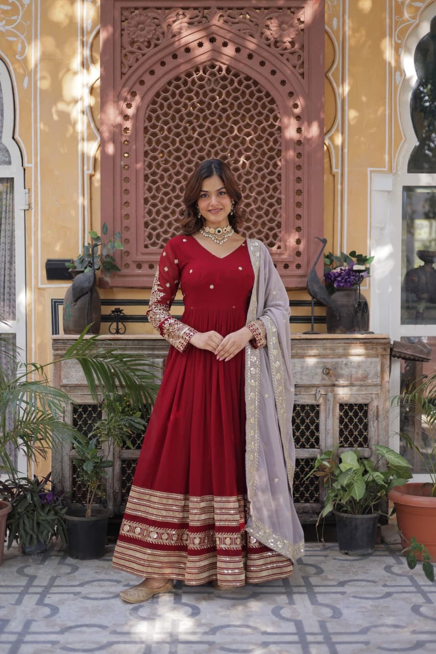 Crimson Red Faux Blooming Anarkali Gown with Zari Sequin Embroidery & Dupatta