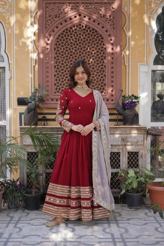 Crimson Red Heavy Sleeve Anarkali Gown with Border Detail
