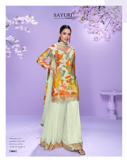 Chinon Silk Sharara Set with Hand Mirror Work Embroidery & Net Dupatta