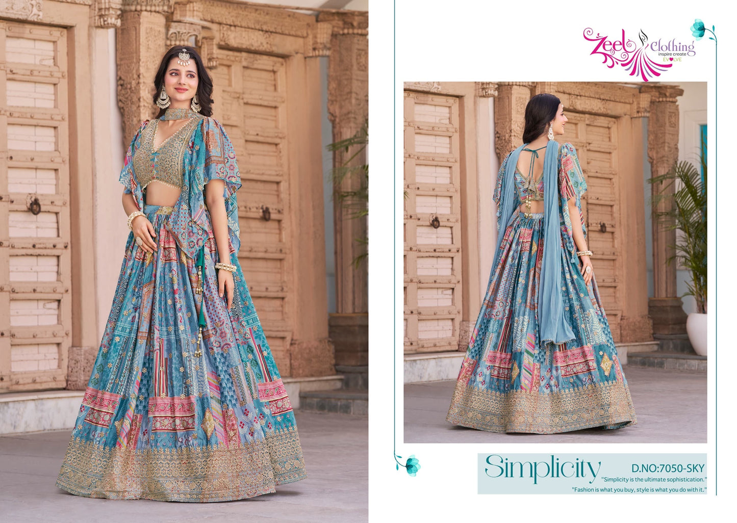 Voluminous printed lehenga paired with matching patterned cape-style dupatta