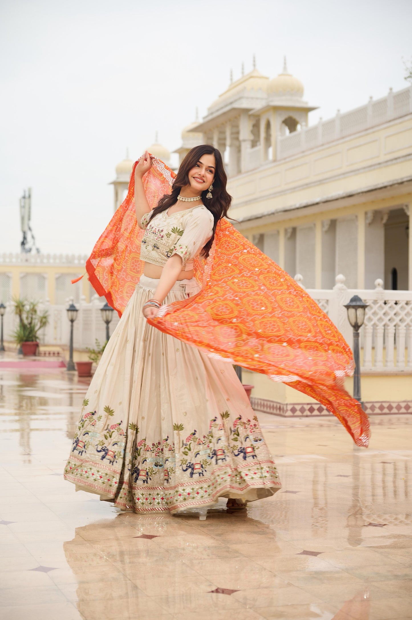 Ivory Elephant Motif Embroidered Lehenga Set with Bandhani Dupatta