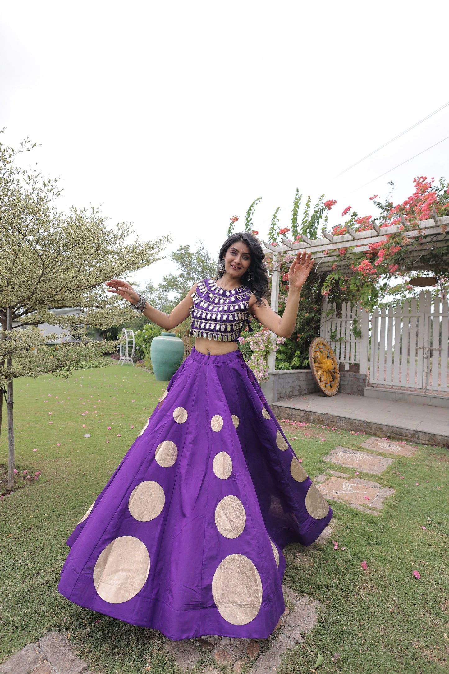 Roman Silk Polka Dot Lehenga Set with Mirror Work Choli