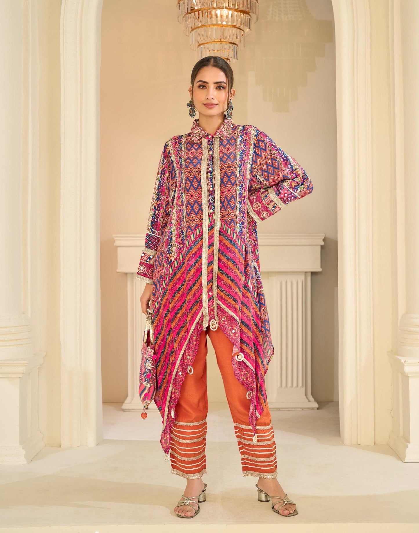 Multi-Color Geometric Print High-Low Tunic with Embellished Trousers with handbag