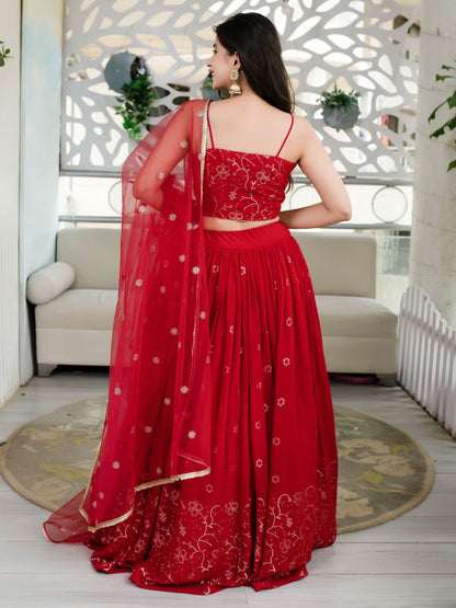 Red Embroidered Festive Lehenga Choli Set