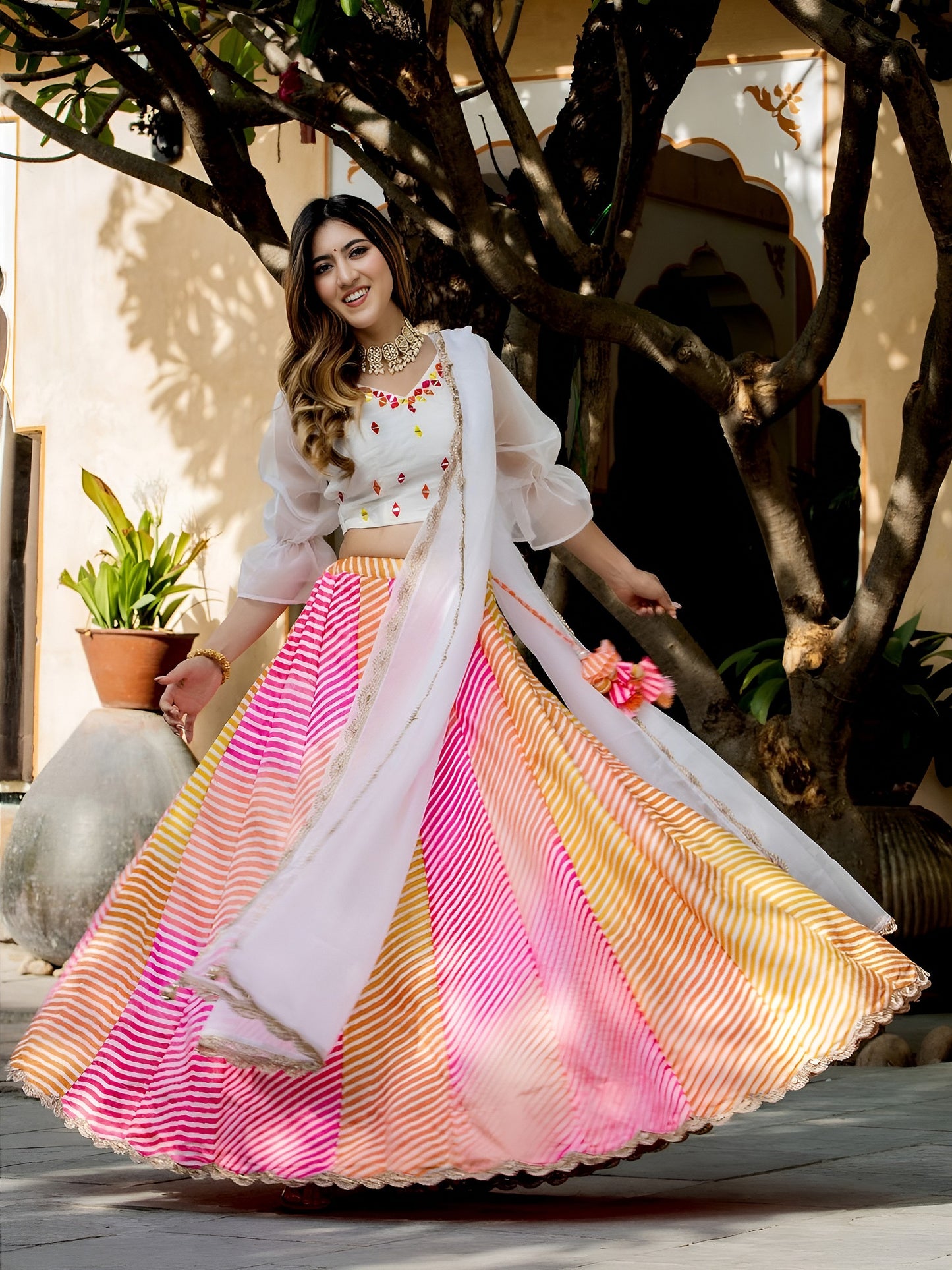 Multicolor Leheriya Printed Lehenga Choli with White Dupatta