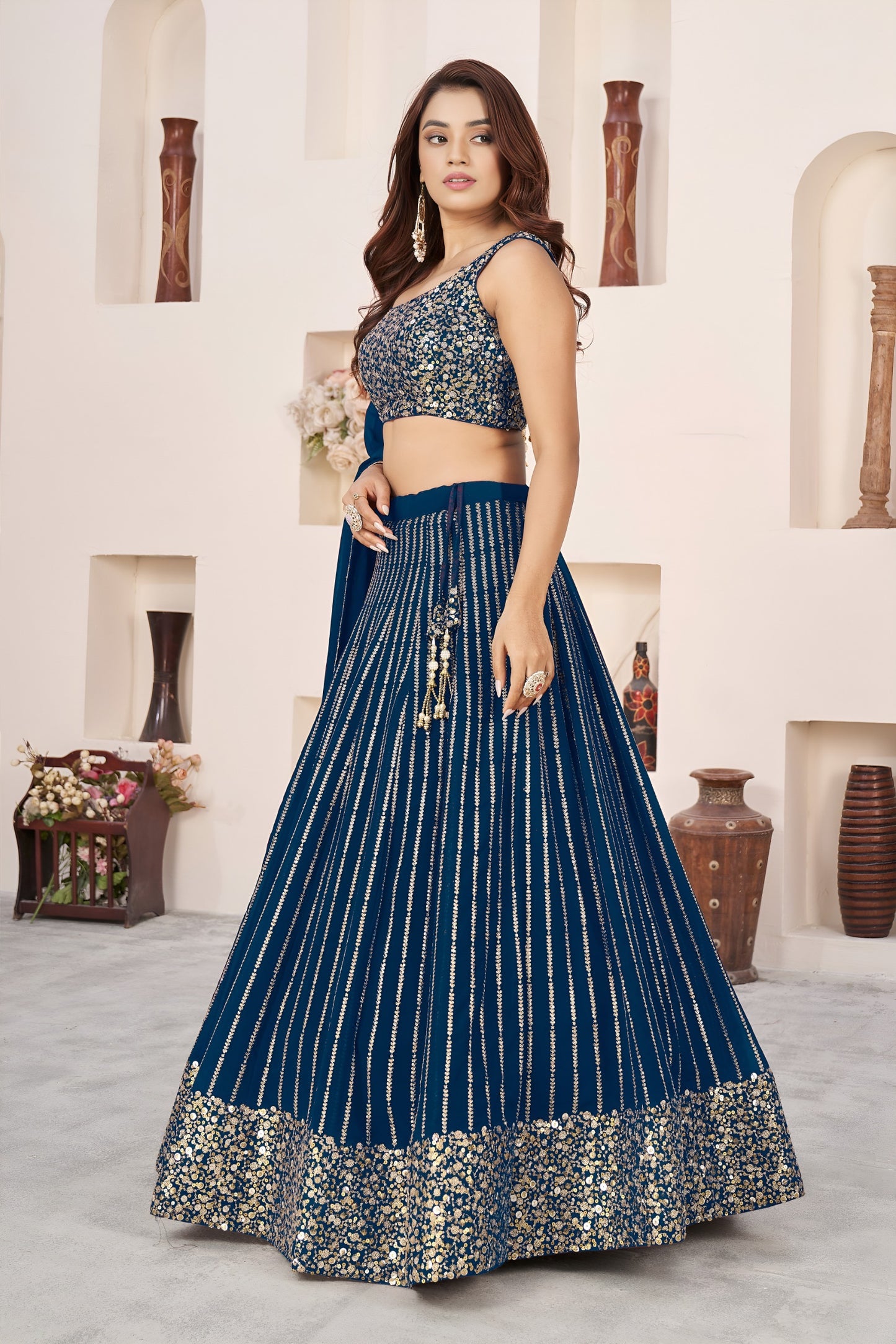 Stunning Blue Georgette Lehenga Choli with Zari & Sequin Embroidery