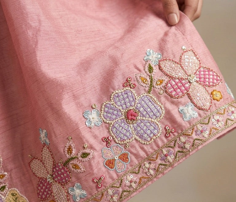 Floral Embroidered Frock-Style Chinon Sharara Set with Dupatta