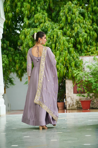 Vichitra Silk Anarkali Gown with Zari Sequin & Multi-Thread Embroidery