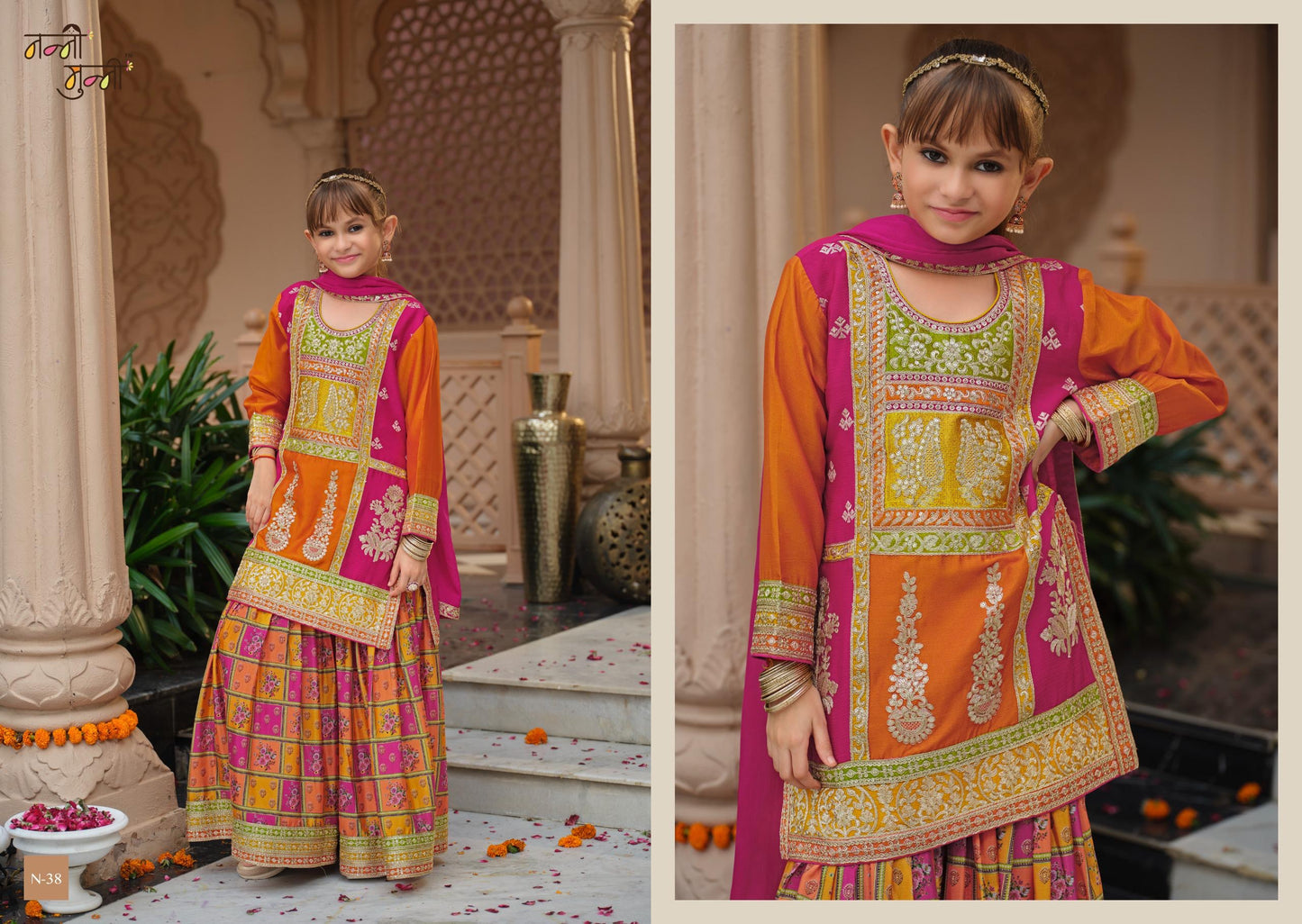 Nanni Munni Girls Traditional Orange-Pink Sharara Dress