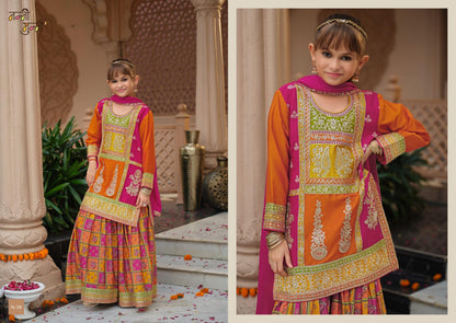 Nanni Munni Girls Traditional Orange-Pink Sharara Dress