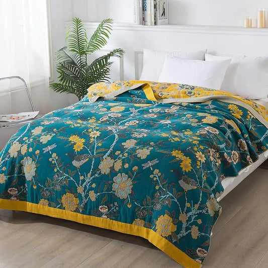 Wild Garden Boho Cotton Blanket/Throw - Teal/Yellow