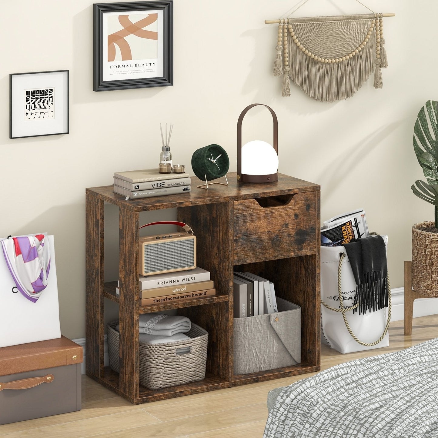 3-Cube Bookcase 2-tier Wooden Storage Shelf with Pull-out Drawer-Black